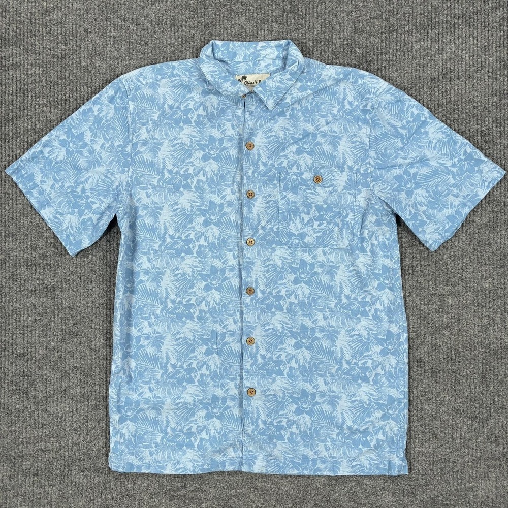 Oliver & Burke Hawaiian Shirt Mens L Blue Floral Short Sleeve Cotton Rayon